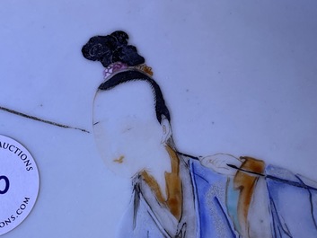 A Chinese famille rose dish with a lady in a landscape, Yongzheng